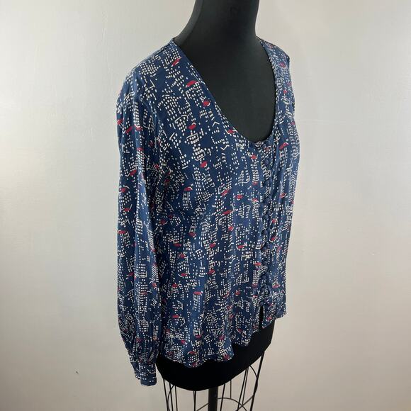 Winter Kale Blue Printed Vintage Silk Button-Up Long Sleeve Scoop Blouse Top S - Picture 4 of 9